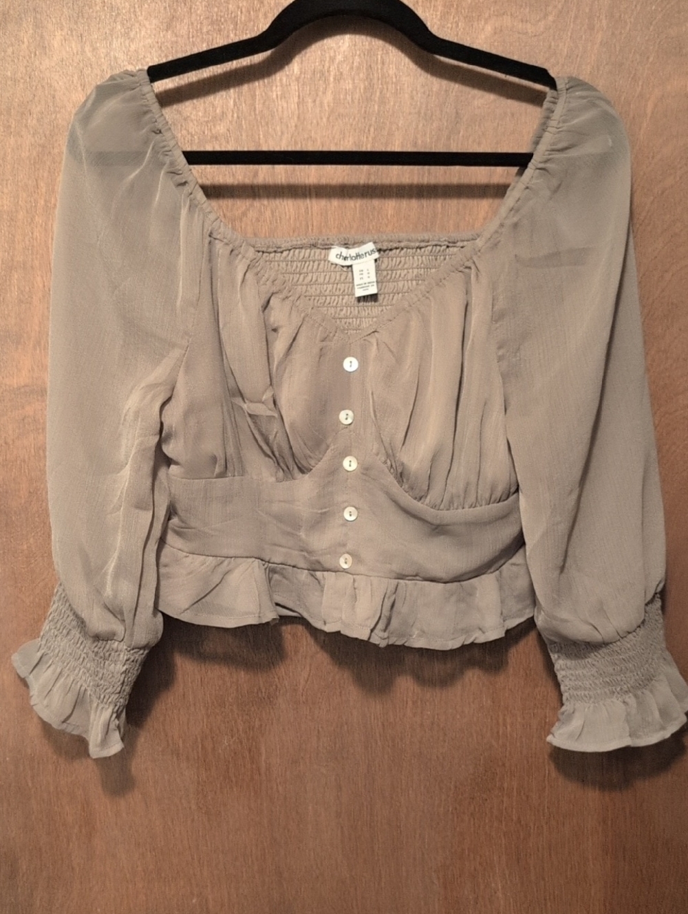 Charlotte Russe Green Taupe Peasant Button-Front Semi Sheer Blouse Size L